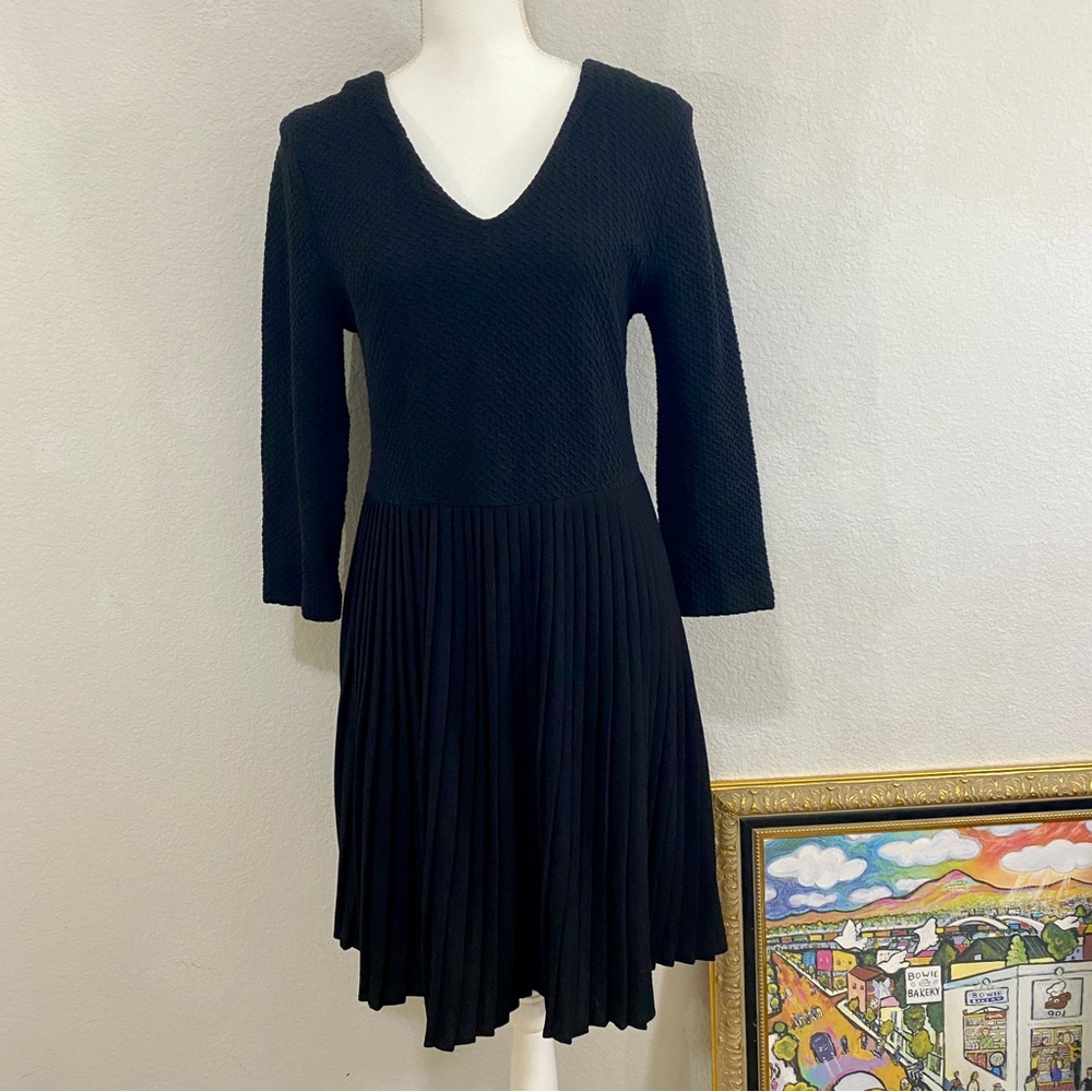 Ganni x Anthropologie Fulton Black Pleated A-Line Knit Bodice VNeck Cotton Dress